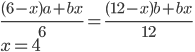 \frac{(6-x)a+bx}6=\frac{(12-x)b+bx}{12}\\ x=4